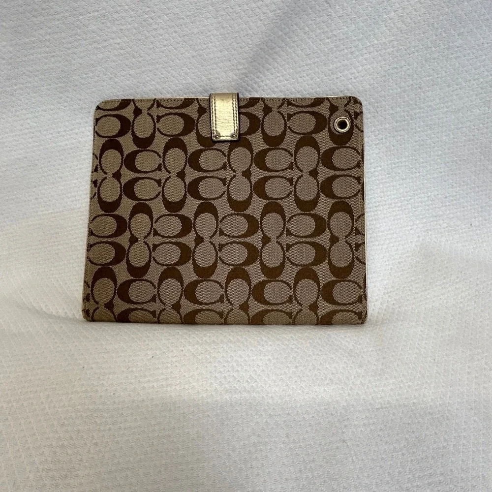Coach Signature Monogram iPad Case Brown Gold Metallic Leather Turnlock Folio
